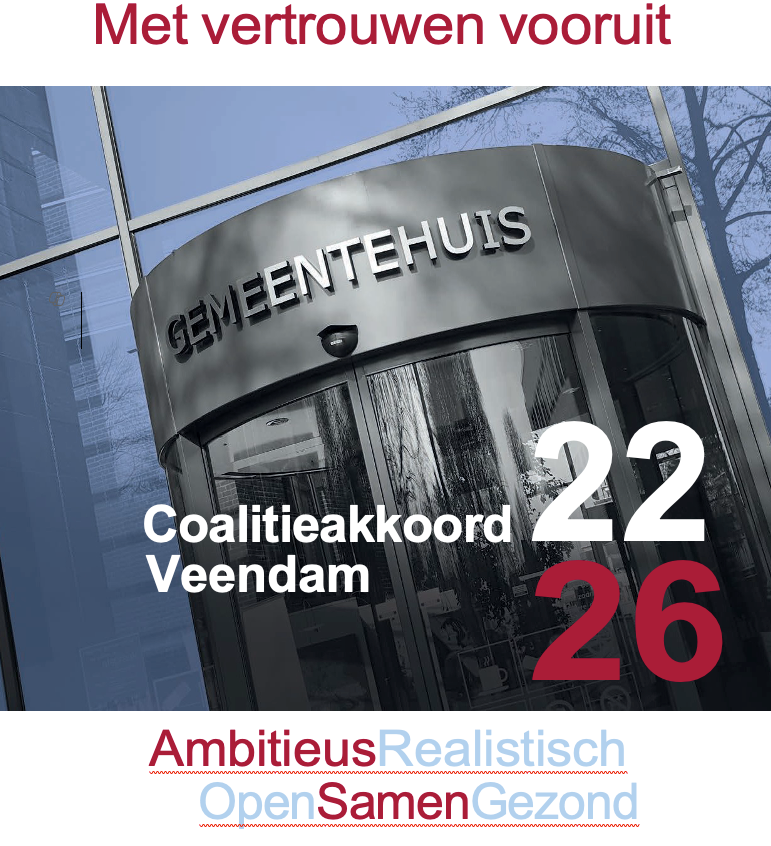 Met vertrouwen vooruit - Coalitieakkoord Veendam 22 - 26 - Ambitieus - Realistisch - Open - Samen - Gezond met foto van ingang gemeentehuis