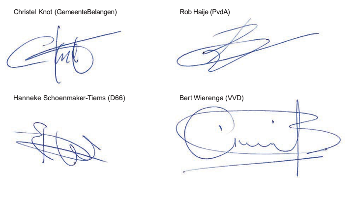 Handtekeningen Christel Knot van GemeenteBelangen Rob Haije van PvdA Hanneke Schoenmaker-Tiems van D66 en Bert Wierenga van VVD