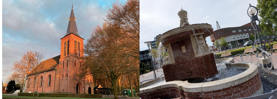 Kerk in Veendam en fontein nabij vanBeresteijn