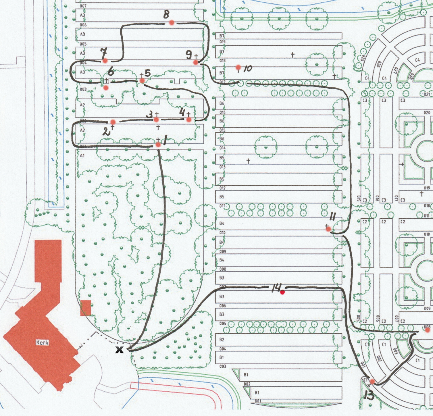 Plattegrond van het kerkhof bij de Grote Kerk te Veendam met de te volgen route.