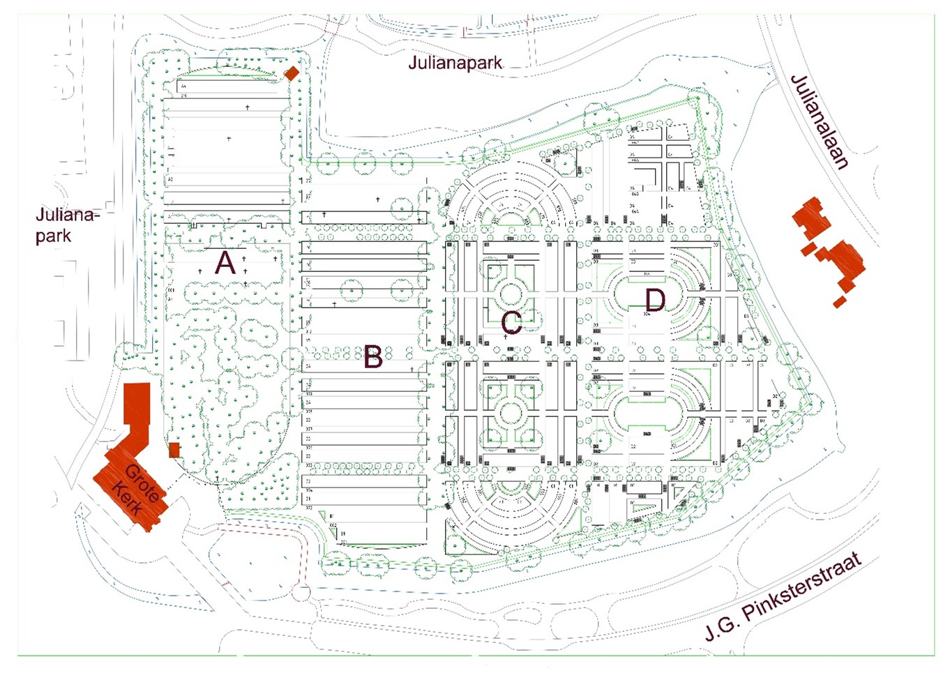 Plattegrond kerkhof Veendam centrum met Sectie A,B,C en D te zien. Hieronder is de toelichting.