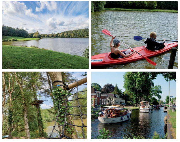 Sfeerbeelden toerisme en recreatie met roeiende mensen en klimpark en boten